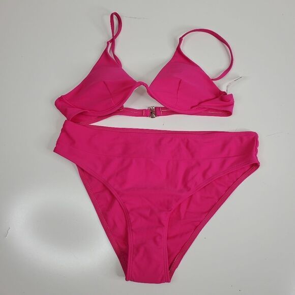 L NEW SHEIN HOT PINK BARBIE BIKINI HIGH RISE 2 piece bikini SWIMSUIT LARGE NWT - Picture 1 of 7